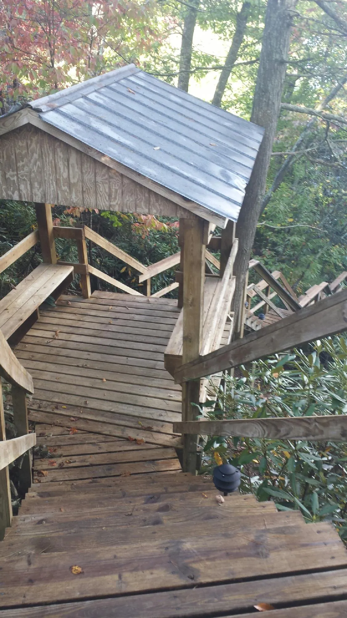 Metal roofed shelter over wooden steps on a wooded walkway — Skylight Repair & Installation work by our crew in Roaring River